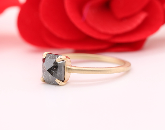 Emerald Cut Salt And Pepper 14K Yellow Gold Matte Finish  Ring Supplier