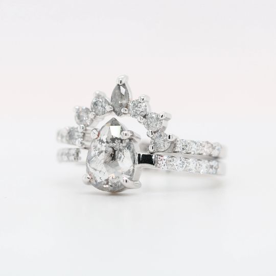 White Gold Salt And Pepper Pear Shape Diamond Ring On Round Brilliant Exporter