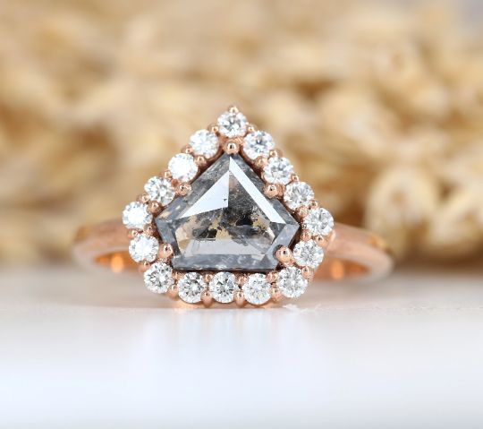 Diamond Shape Salt And Pepper Stone Halo Engagement Ring Exporter