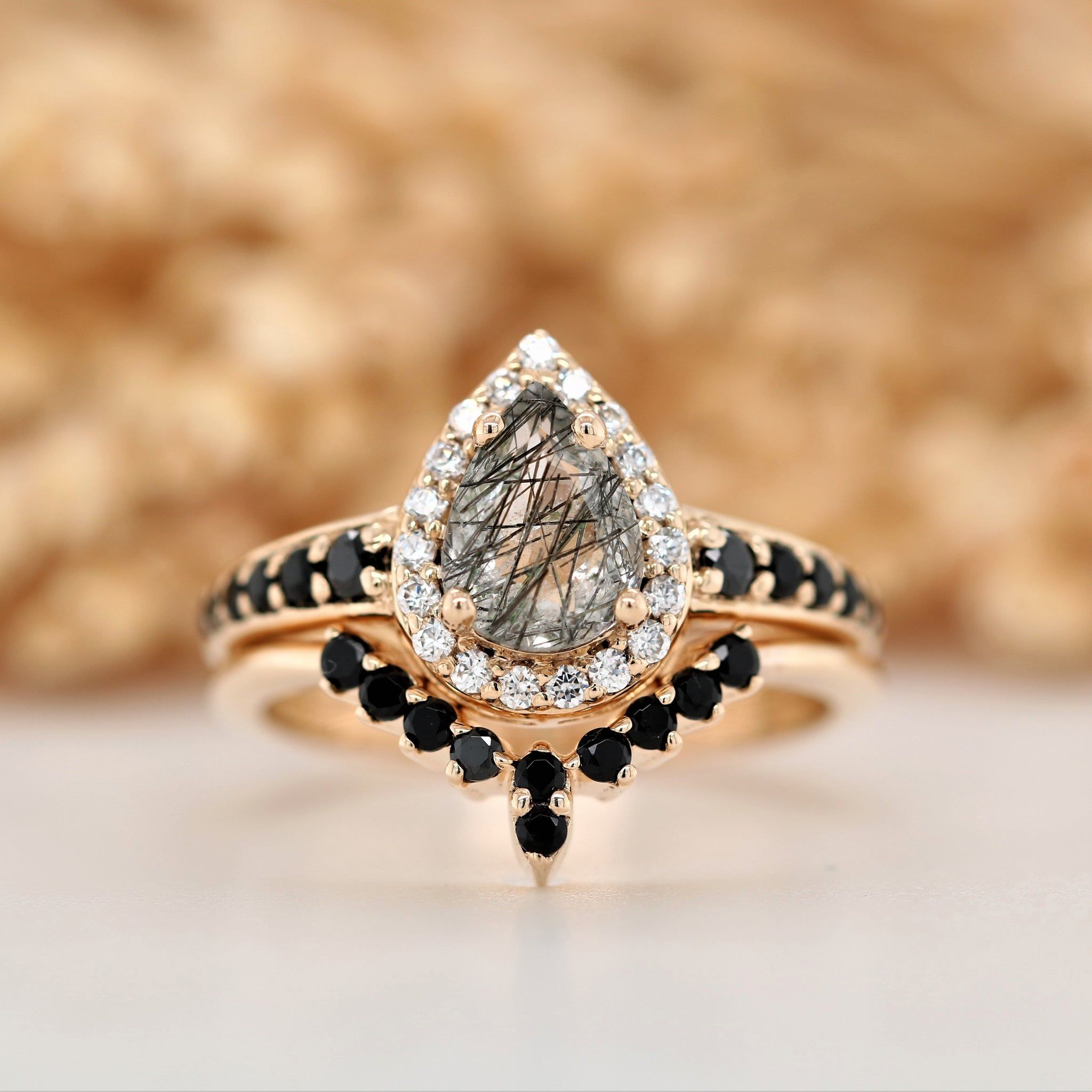 Wholesale Yellow Gold Pave Band Pear Halo Black Rutilated Quartz