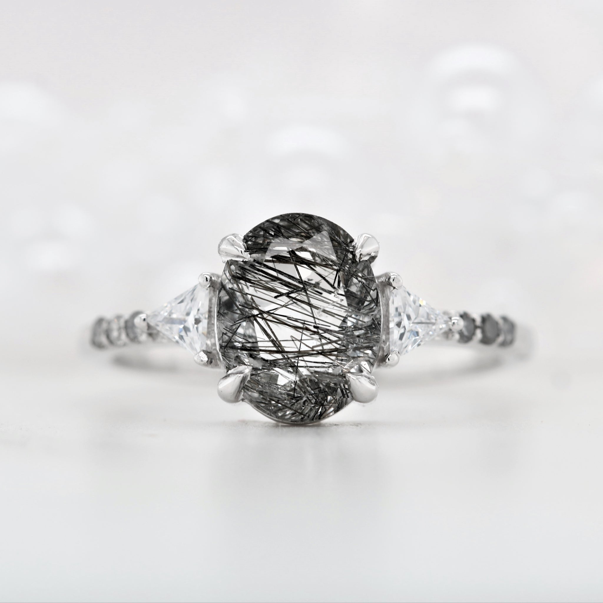 Oval Shape Side Site Three Stone Black Rutilated Quartz Engagement Ring Exporter