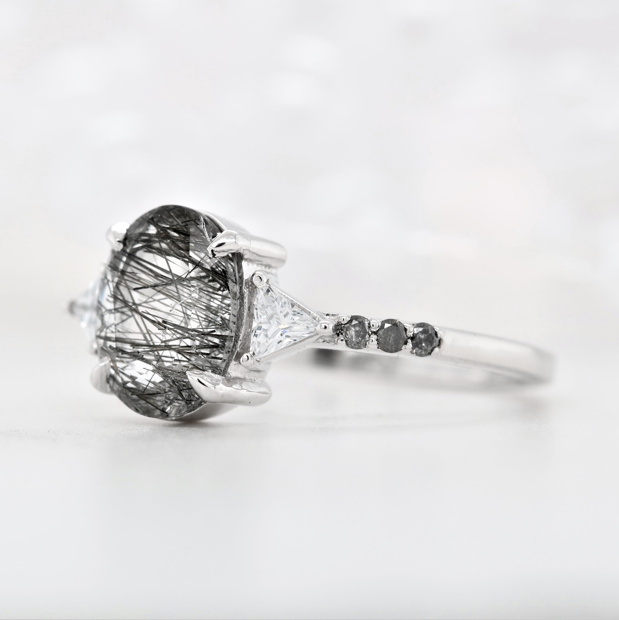 Oval Shape Side Site Three Stone Black Rutilated Quartz Engagement Ring Exporter