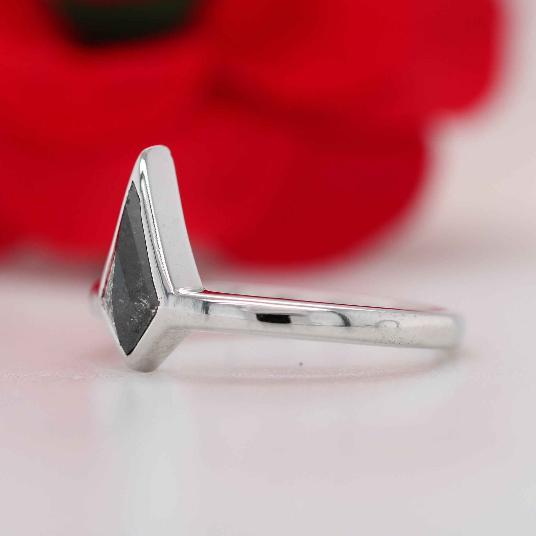 14K White Gold Kite Cut Bezel Set Salt And Pepper Engagement Ring Exporter