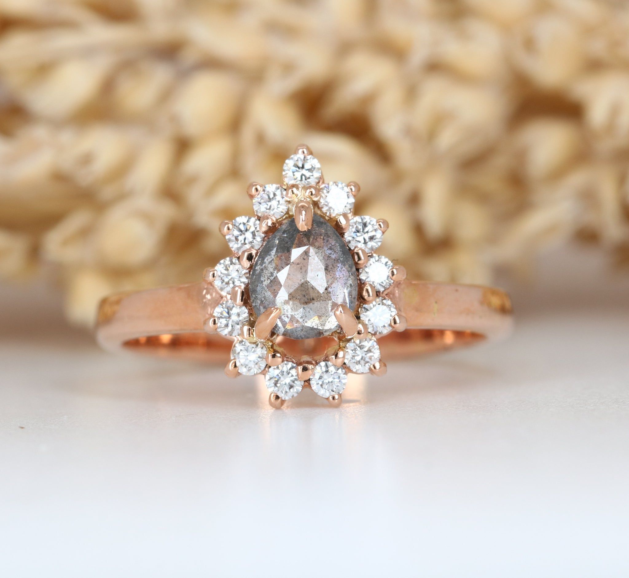 Wholesale 14K Rose Gold Black Diamond Pear Shape Engagement Ring