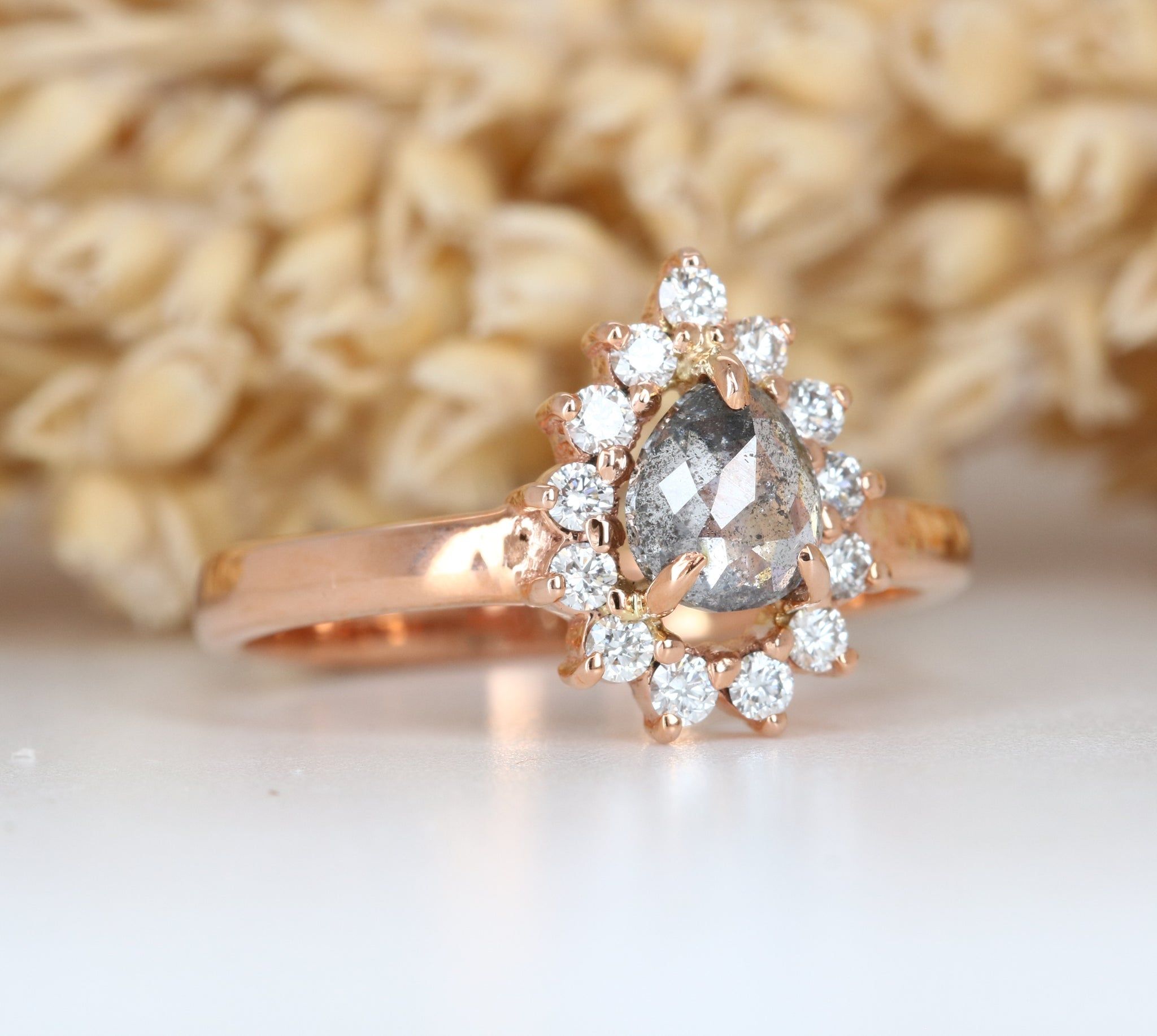 Wholesale 14K Rose Gold Black Diamond Pear Shape Engagement Ring