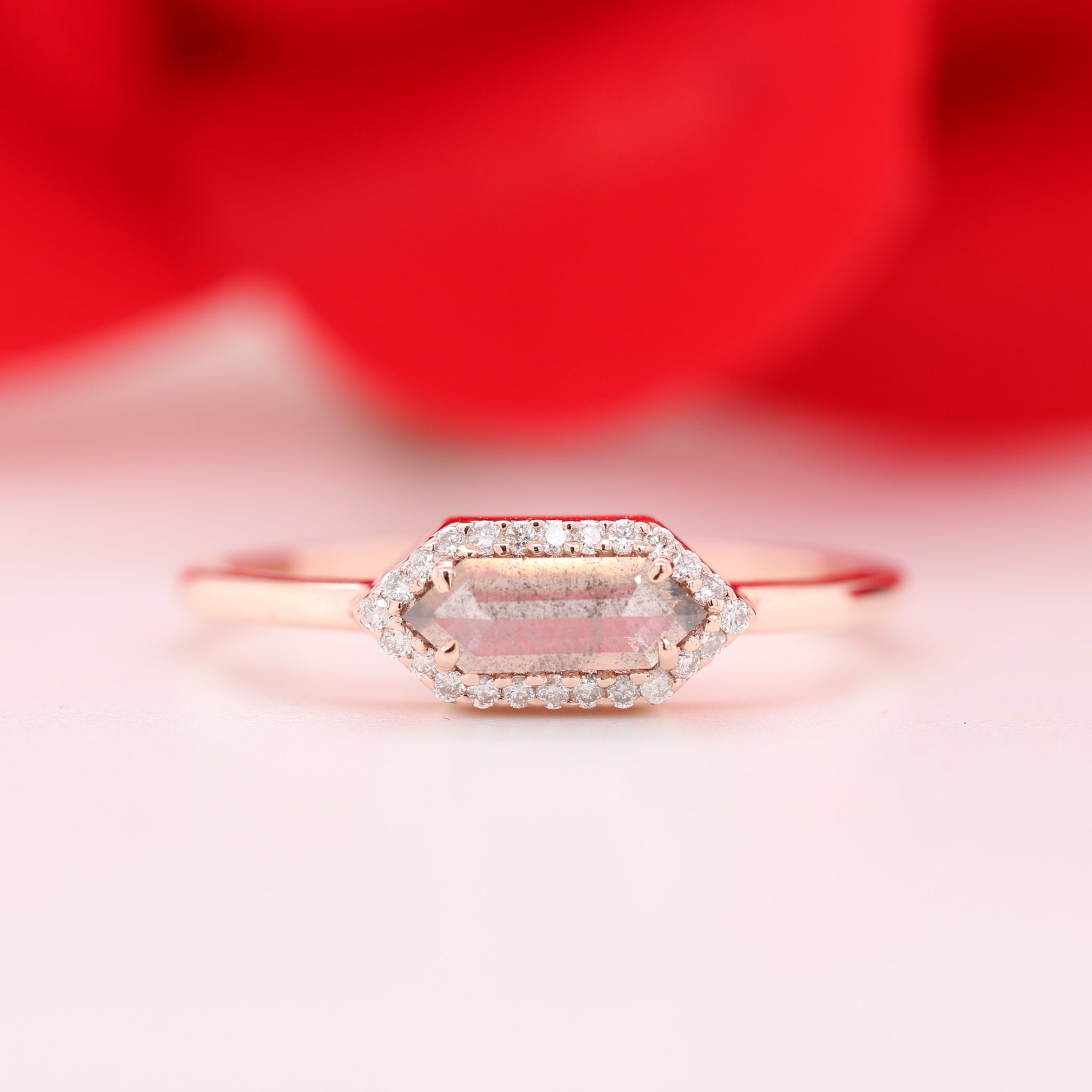 Elongated Hexagon Salt And Pepper Halo Rose Gold Diamond Ring Exporter