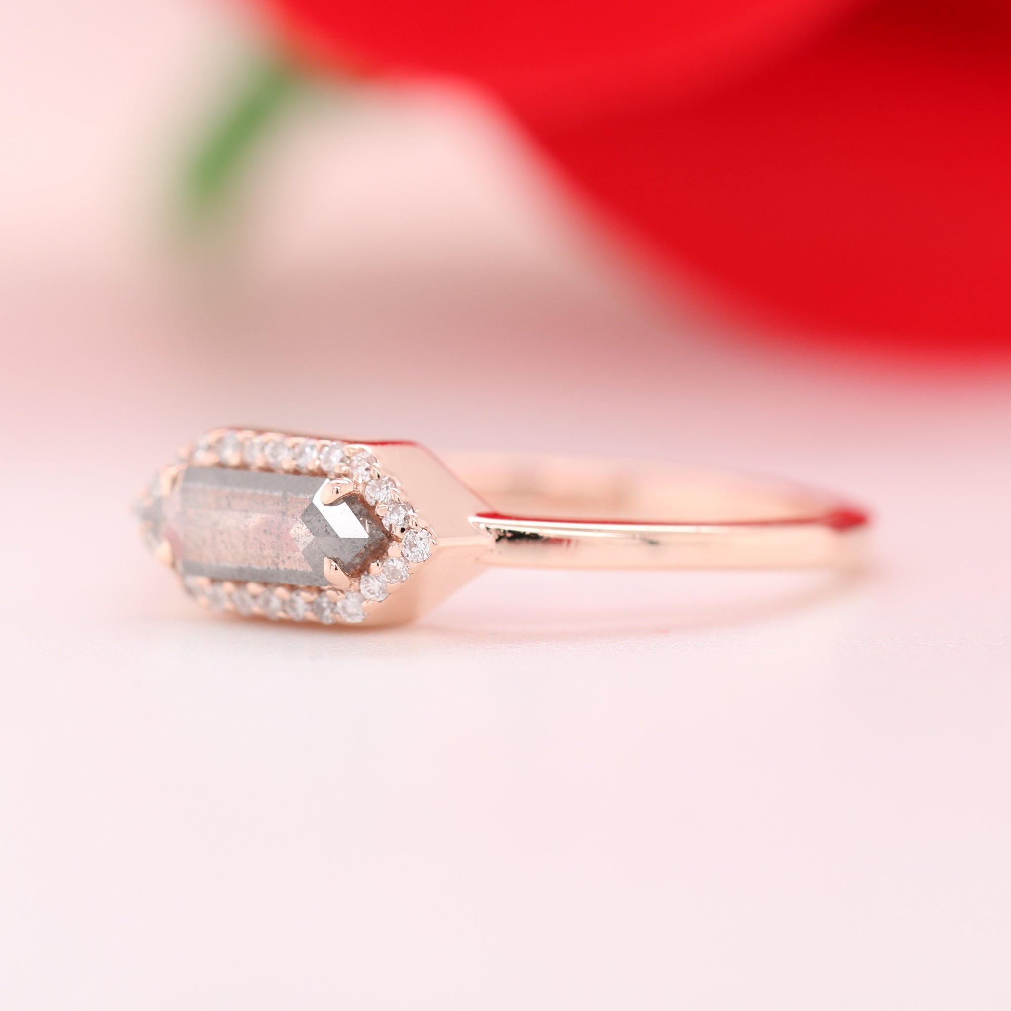 Elongated Hexagon Salt And Pepper Halo Rose Gold Diamond Ring Exporter