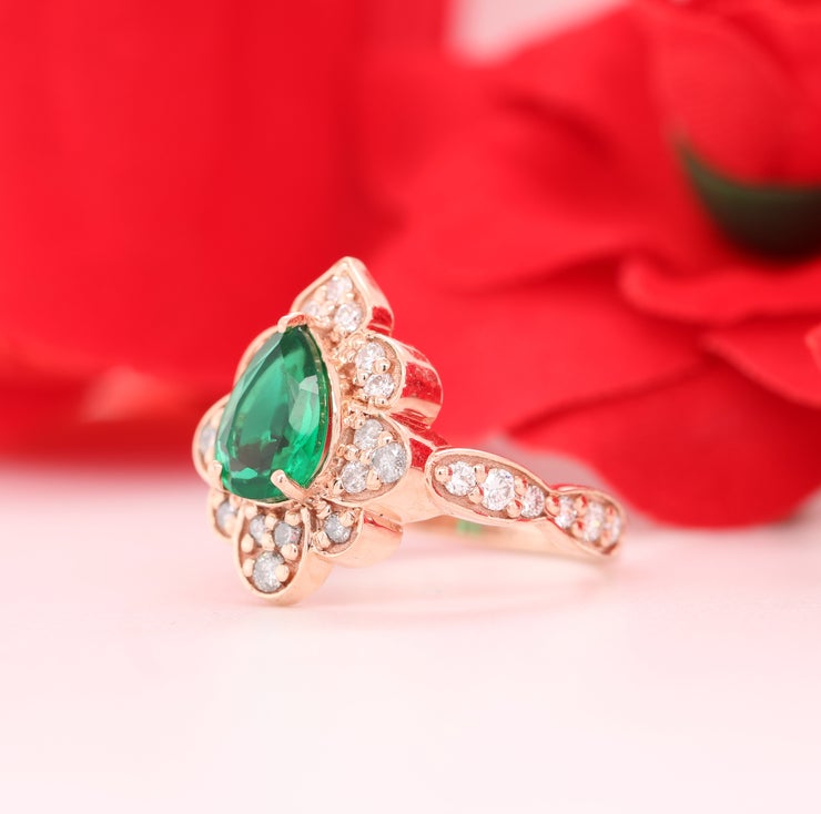Fancy Green Pear Shape 14K Rose Gold Designer Engagement Ring Wholesaler