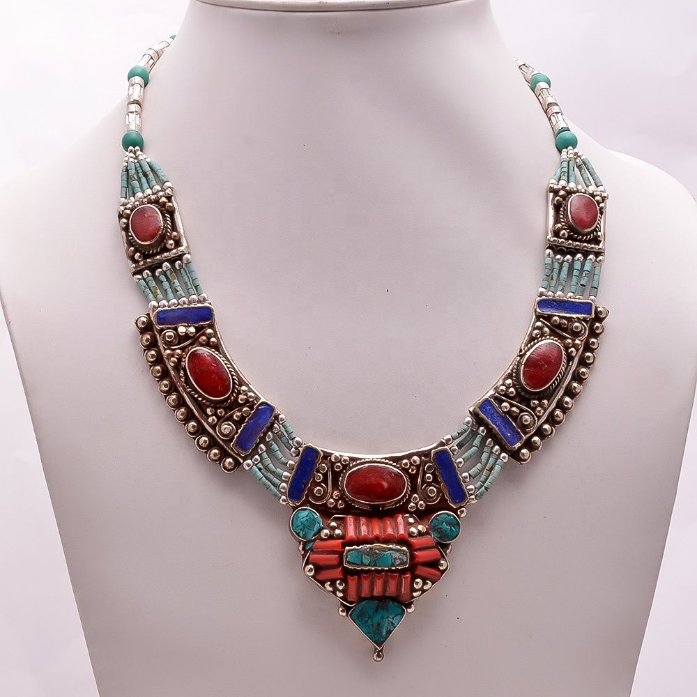 Natural Turquoise Coral Lapis Gemstone Necklace, Tibetan Silver Nepali Exporter