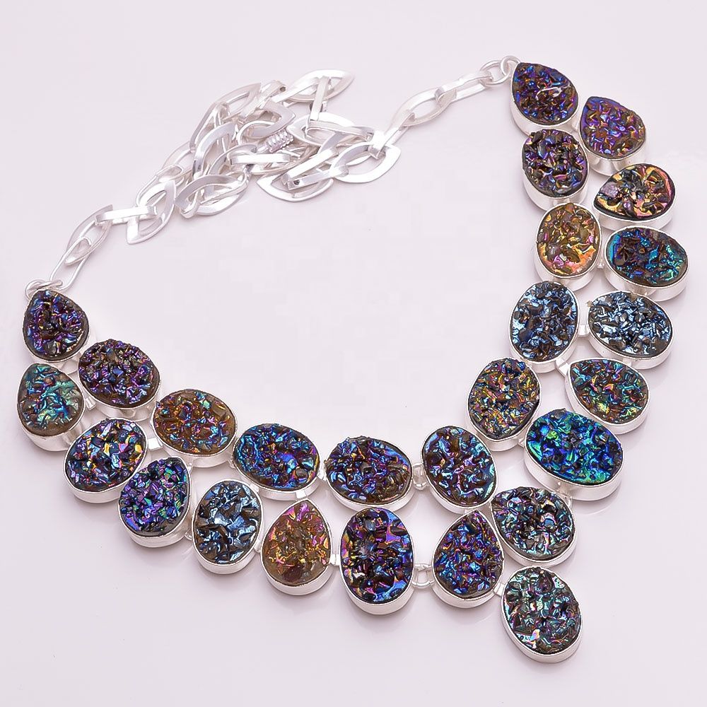 925 Silver Necklace, Natural Titanium Druzy Gemstone Jewelry Wholesaler