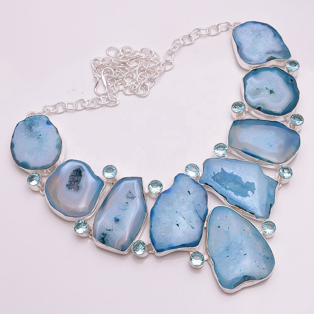 925 Silver Necklace, Natural Blue Topaz Quartz Multi Gemstone Jewelry Supplier