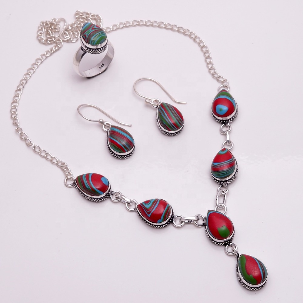 Silver Jewelry Set, Rainbow Calsilica Gemstone Jewelry exporter