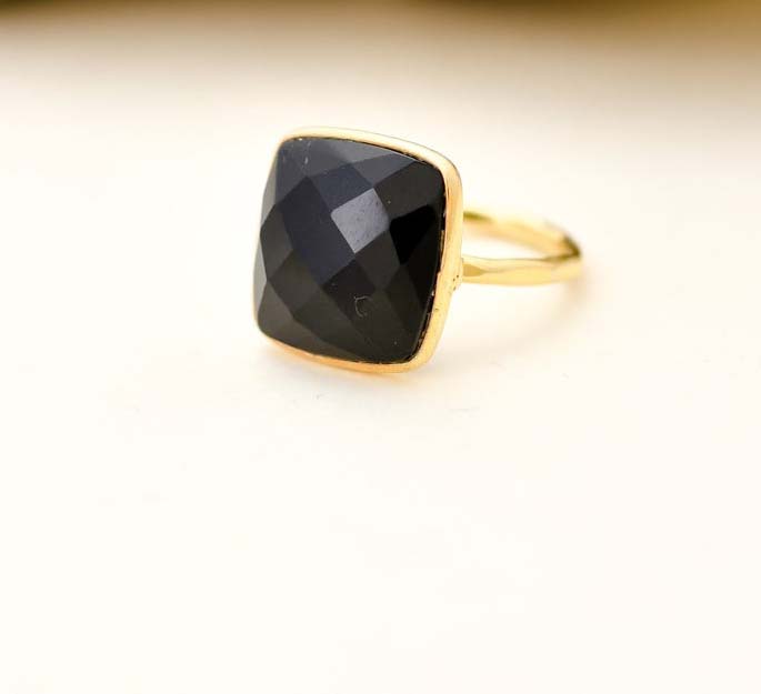 Black onyx gold plated cushion faceted bezel ring Supplier