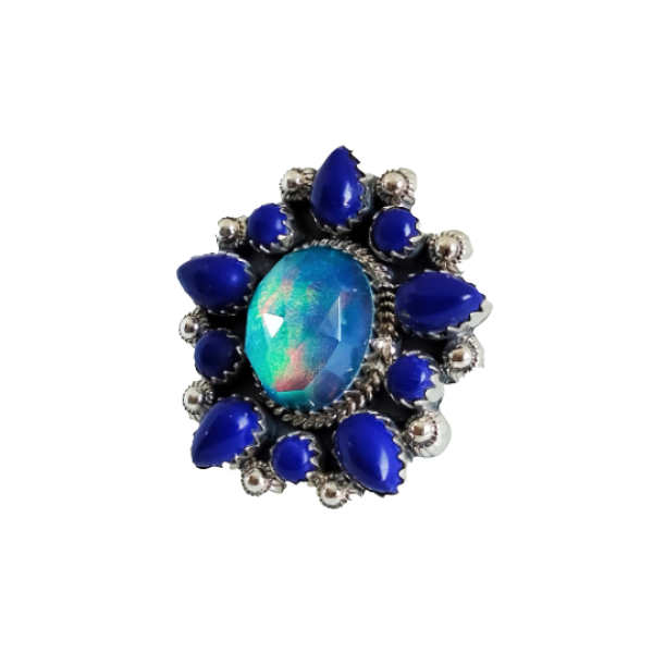 Aurora Opal and Lapis Lazuli Ring 925 Sterling Silver Exporter