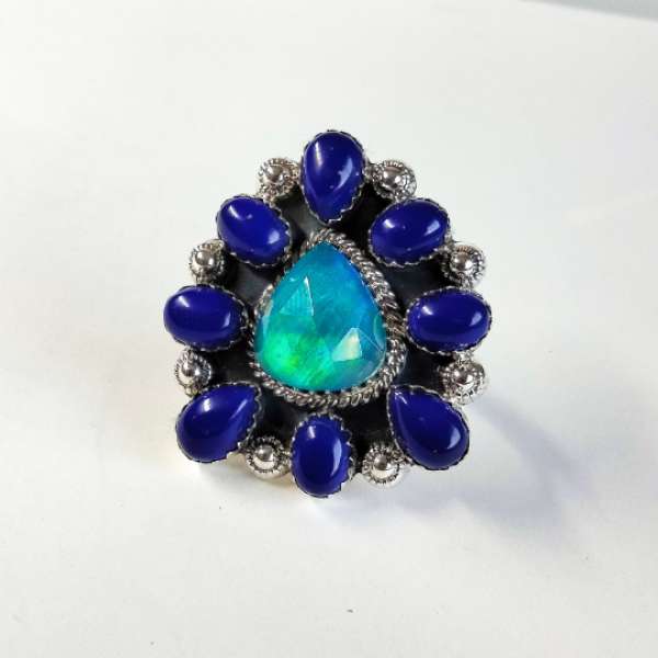 Aurora Opal and Lapis Lazuli Ring 925 Sterling Silver Supplier