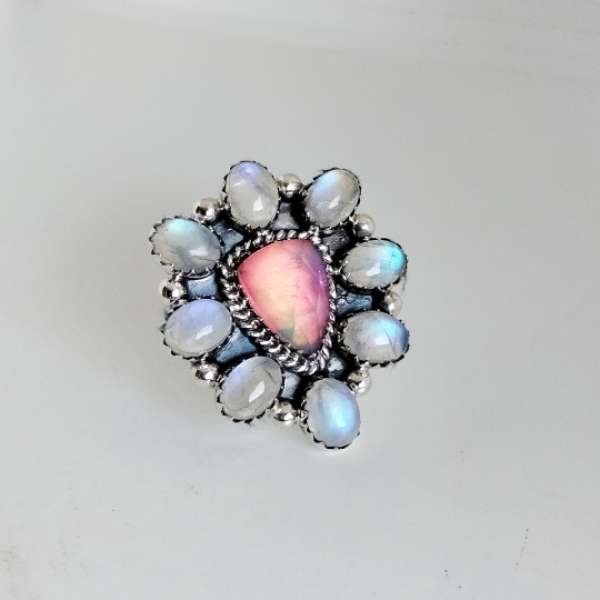 Aurora Opal and Rainbow Moonstone Ring 925 Sterling Silver Supplier