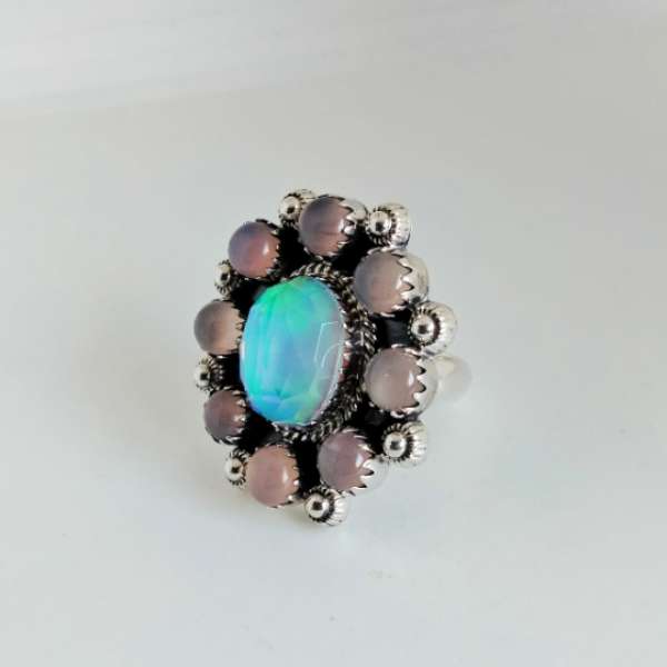 Aurora Opal and Rose Quartz Ring 925 Sterling Silver Supplier