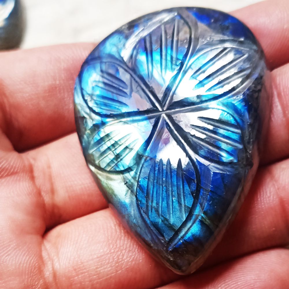 Wholesale Natural Blue Fire Labradorite Carved 6 Leaf Flower Drop Gemstone