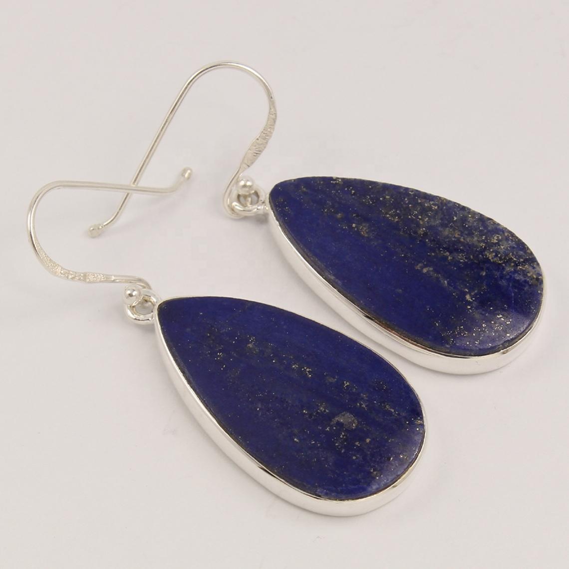 Silver  Real Lapis Lazuli Pear Large Stone Dangle  Earrings Exporter