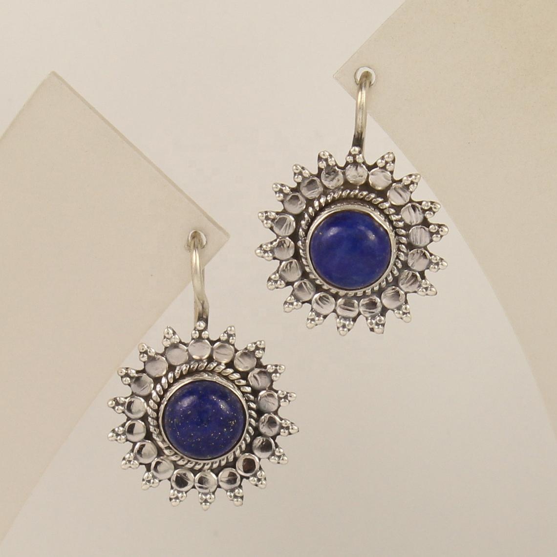 925 Sterling Silver Unique Lapis Lazuli Round Shape Flower Earrings Exporter