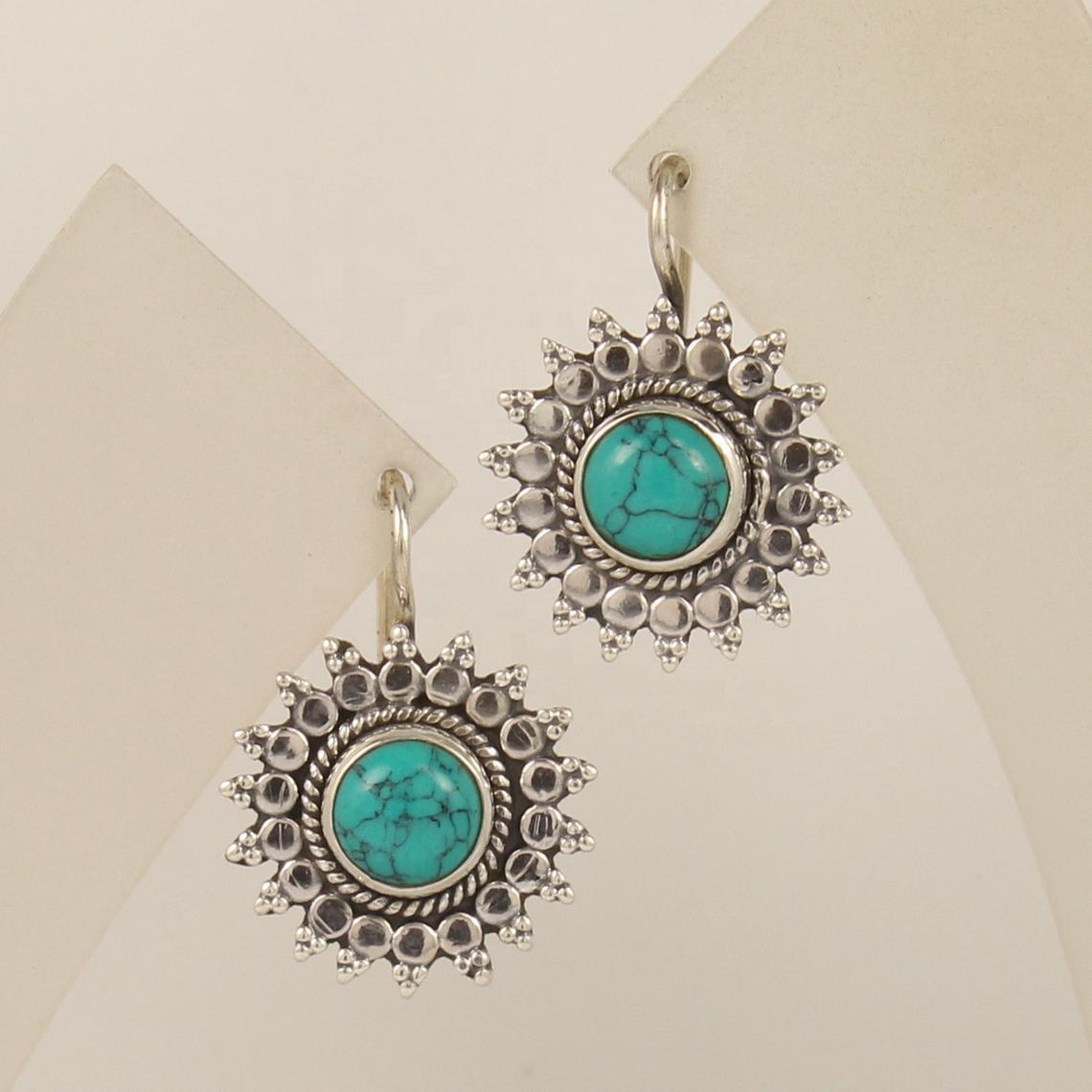 Sterling Silver Unique Synthetic Turquoise Round Shape Flower Earring Exporter