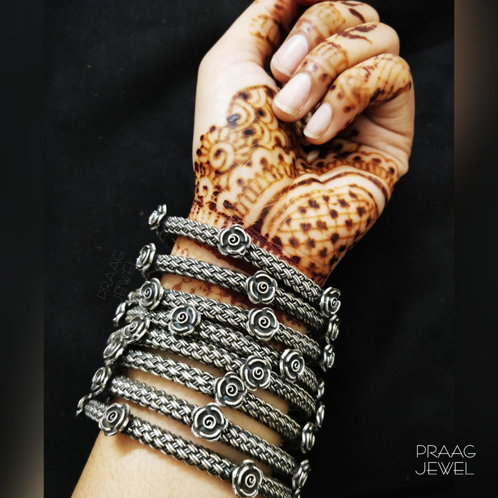FLOWER DESIGN OXIDIZED SILVER BANGLES SET EXPORTER