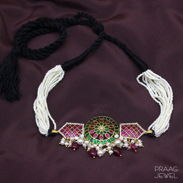 SILVER CHOKER NECKLACE WITH GOLD POLISH & PEARL STRINGS EXPORTER