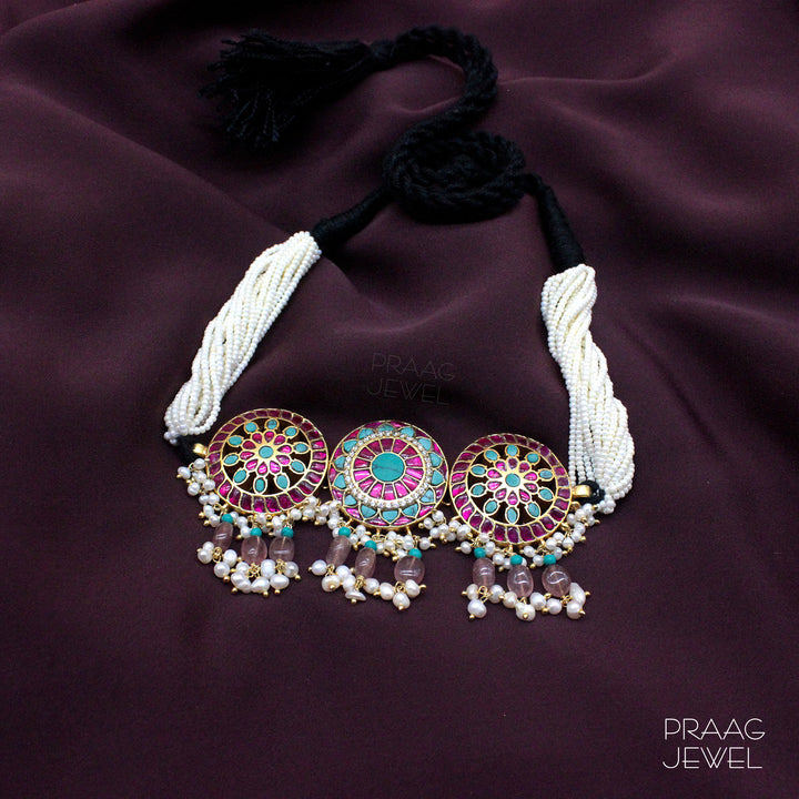 SILVER CHOKER NECKLACE WITH GOLD POLISH & PEARL STRINGS MANUFACTURER
