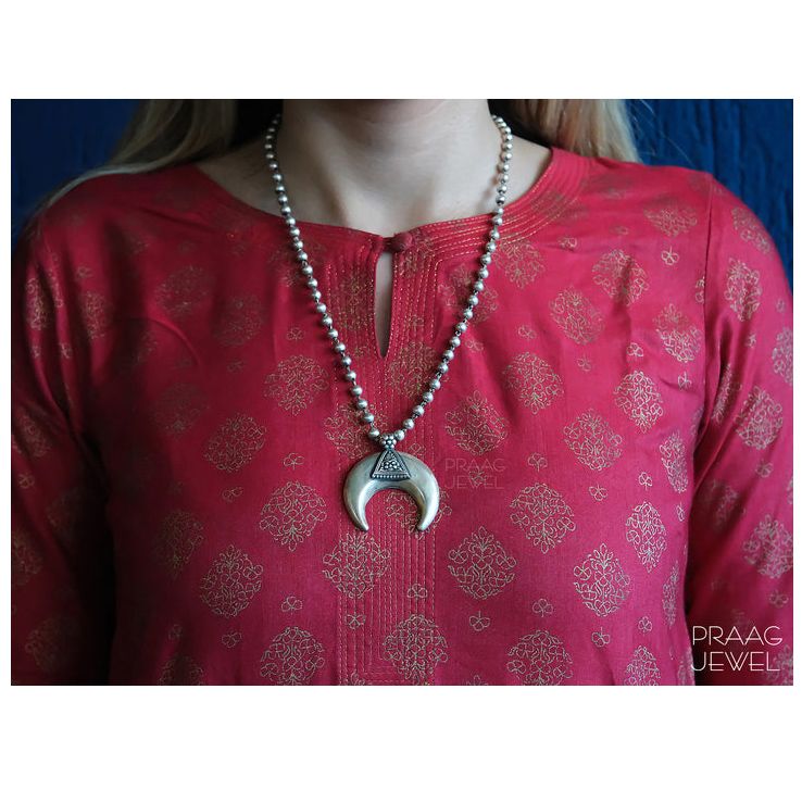 OXIDIZED SILVER DESIGNER ARDHA-CHANDRA PENDANT WITH CHAIN EXPORTER