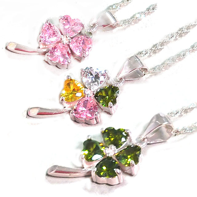 Wholesale Four leaf colorful cubic zirconia silver clover necklace