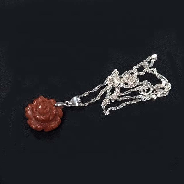 Wholesale Gold sand rose flower necklace hand carved natural gemstone pendants