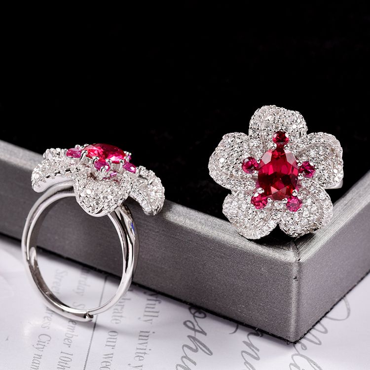 Pink Ruby Ring Jewelry Women Cute Flower Ring Supplier