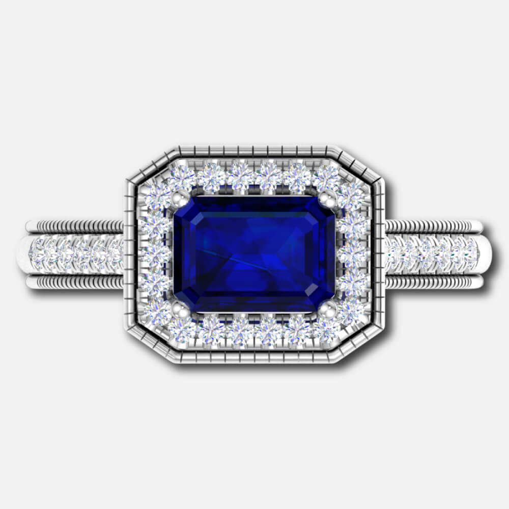 Emerald Cut Blue Sapphire With Halo Bridal Ring Supplier