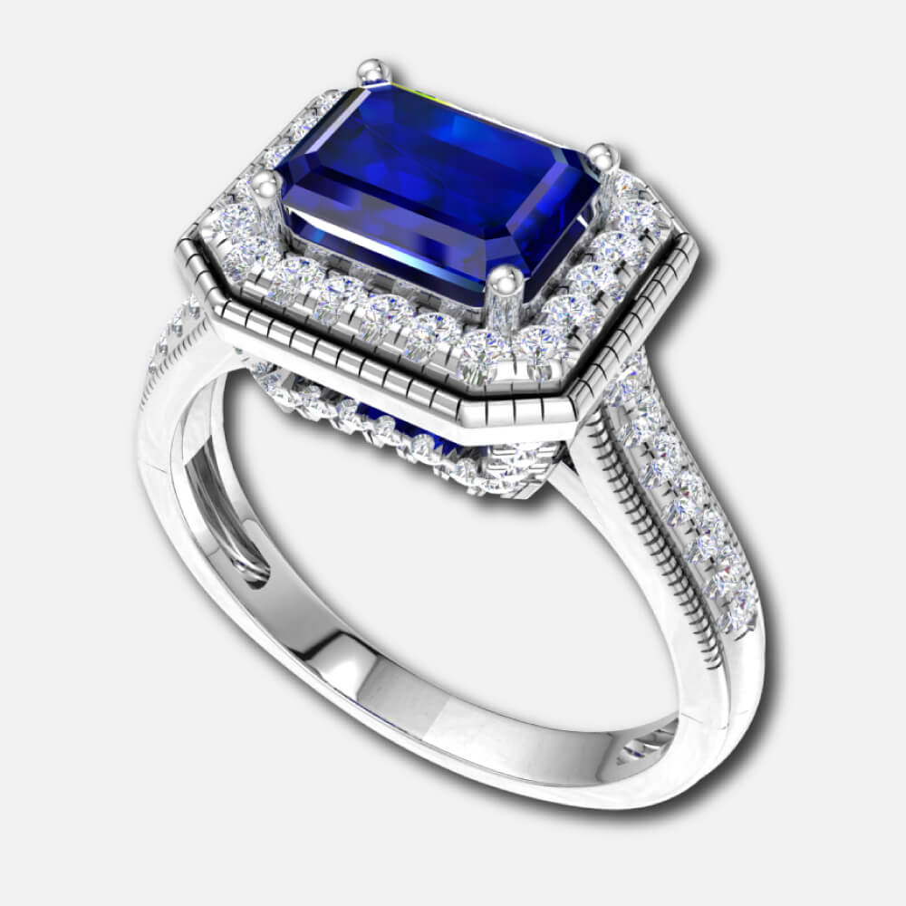 Emerald Cut Blue Sapphire With Halo Bridal Ring Supplier