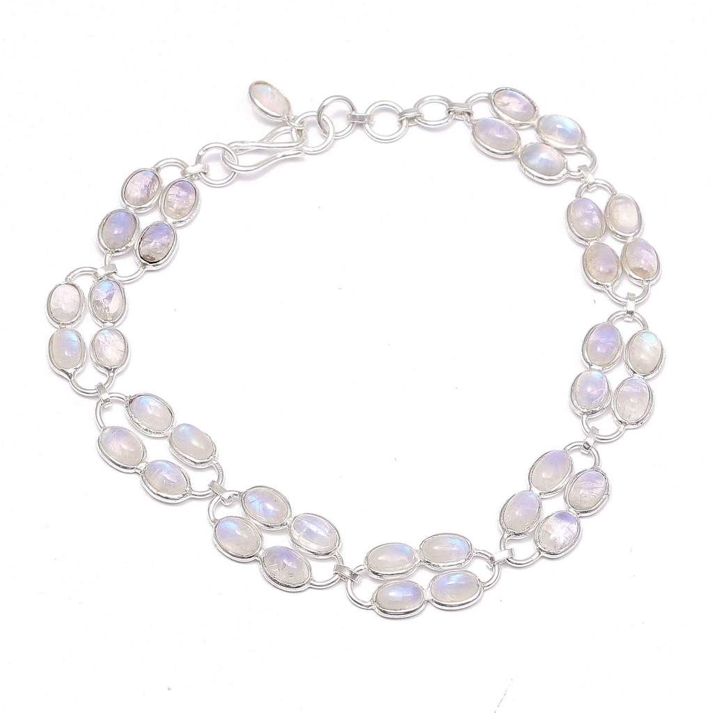 925 Sterling Silver Bezel Set Natural Rainbow Moonstone Bracelet Supplier