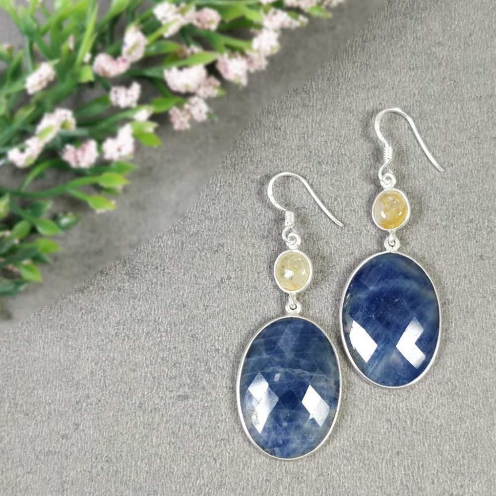 Sterling Silver Natural Sapphire Checker Cut 2.25" Drop Dangle Hook Ear Earrings