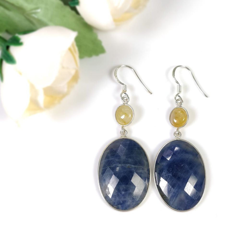 Sterling Silver Natural Sapphire Checker Cut 2.25" Drop Dangle Hook Ear Earrings