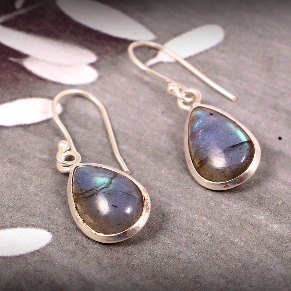 925 Silver Labradorite Gemstone Pear Shape Earring Blue Flashy Earrings Makar