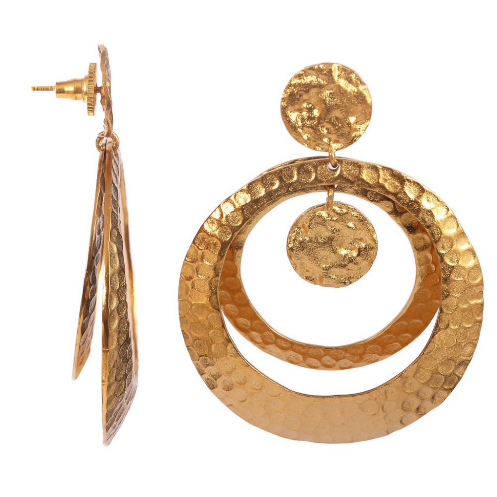Silver Brass Gold Plated Dangle Two Round Circle Hammered Texture Earrings Makar