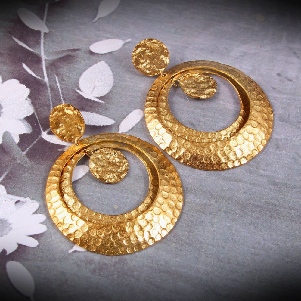 Silver Brass Gold Plated Dangle Two Round Circle Hammered Texture Earrings Makar