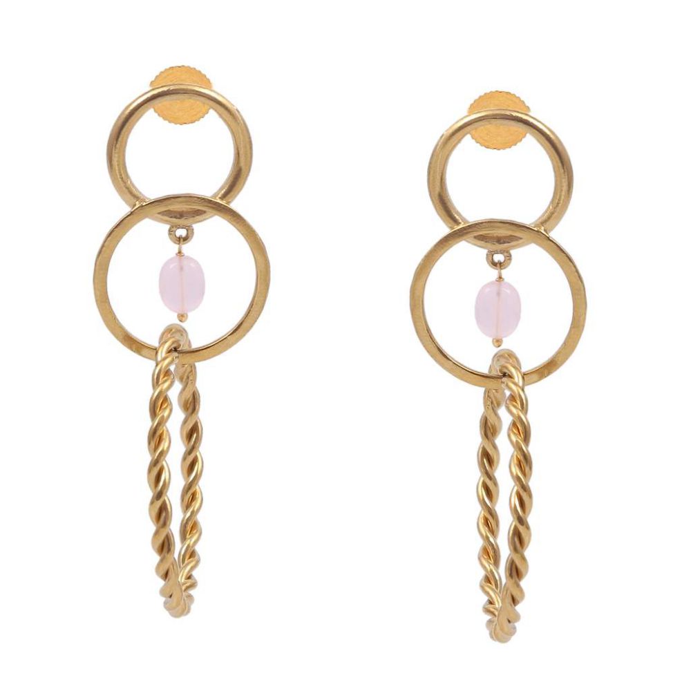 Silver Brass Gold Plated Dangle Three Round Circles Quartz Pink Earrings Vender