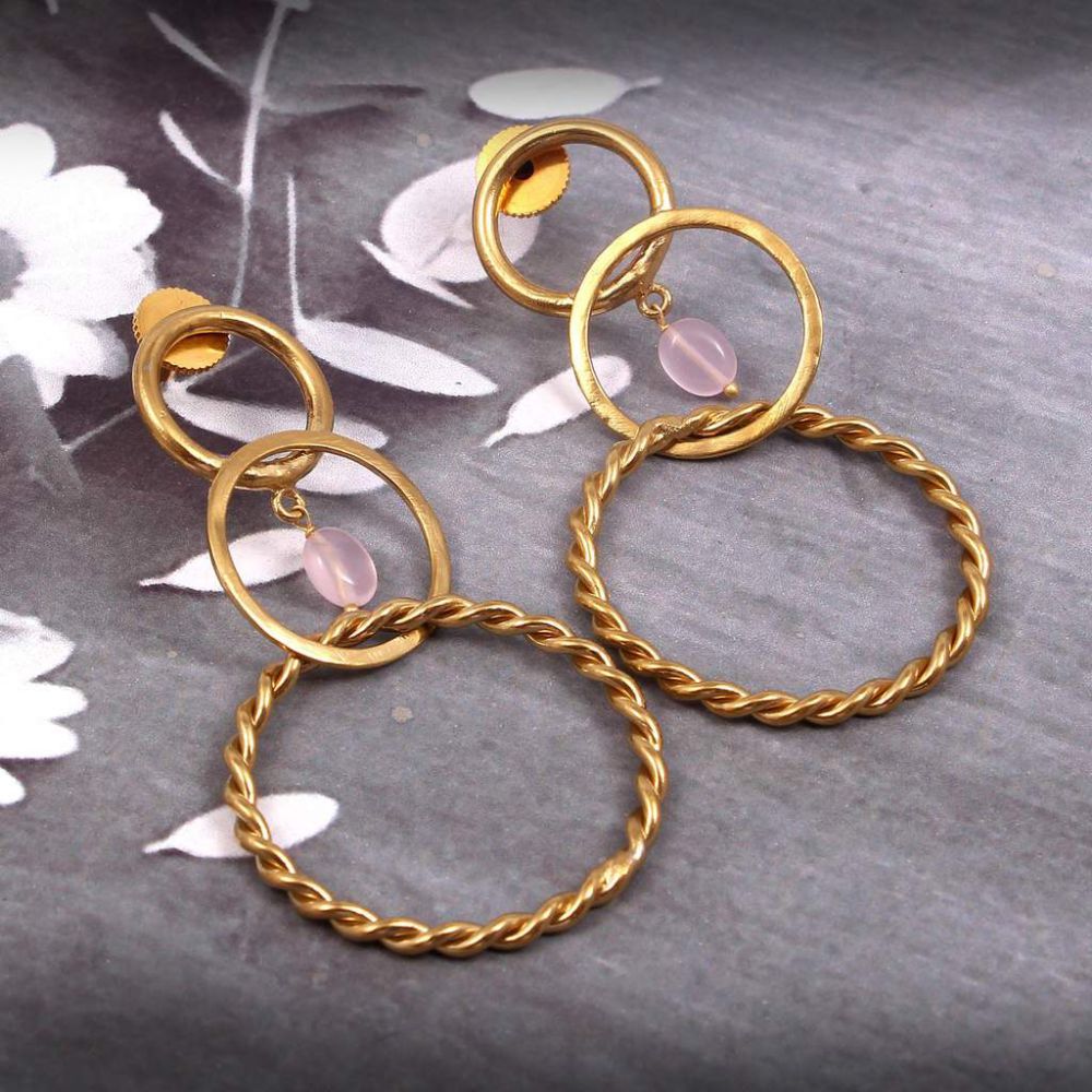 Silver Brass Gold Plated Dangle Three Round Circles Quartz Pink Earrings Vender