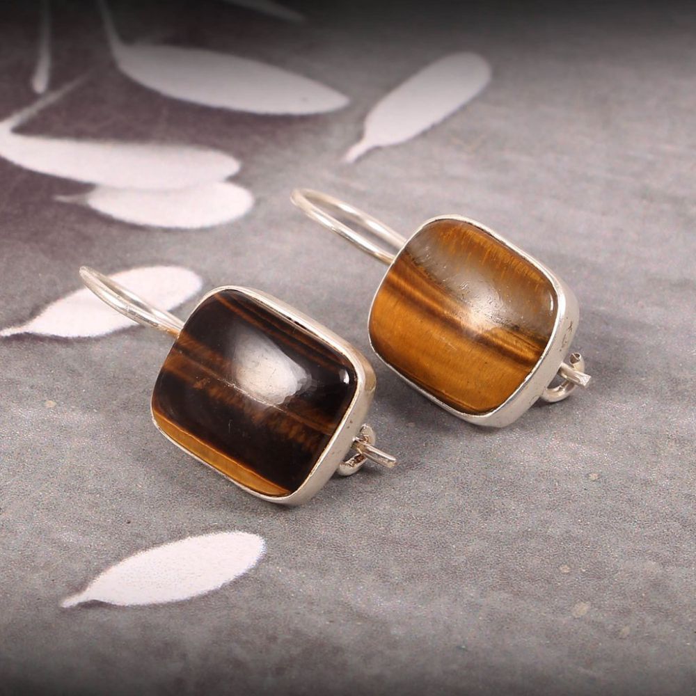 Natural Tigers Eye Beautiful Handmade 925 Sterling Silver Dangle Earring Vender