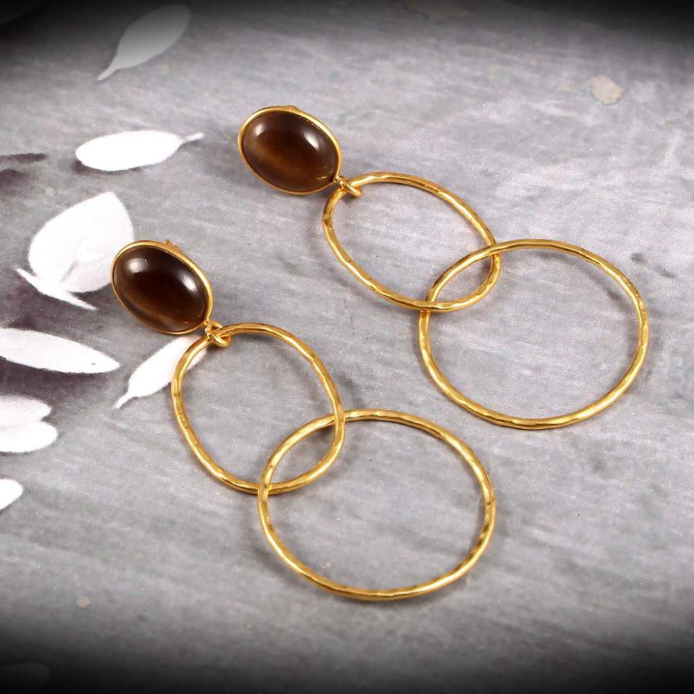 925 Sterling Silver Gold Plated Bezel Set Oval Smokey Earring Manufacturer