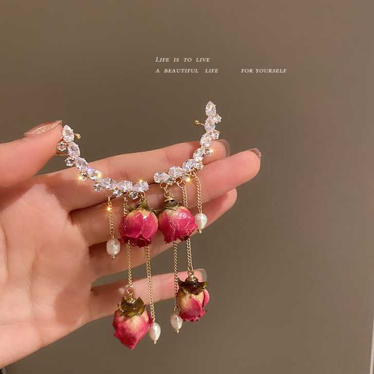 Pearl imitation rose flower ear stud zircon ear earrings Wholesaler