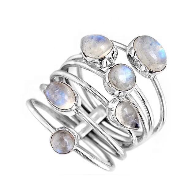 Wholesale New Hot 925 sterling silver rainbow moonstone gemstone ring