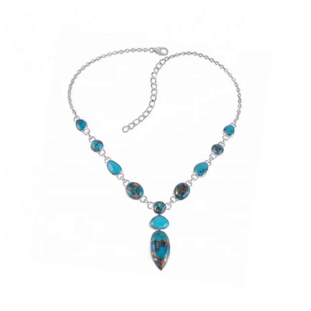 Blue copper turquoise gemstone 925 sterling silver necklace for woman Supplier