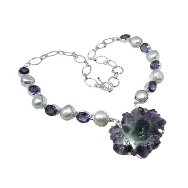 Wholesale Good looking 925 sterling silver amethyst flower druzy necklace