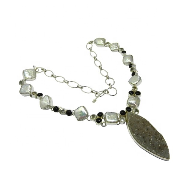 Wholesale women favorite jewelry 925 sterling silver pearl druzy necklace