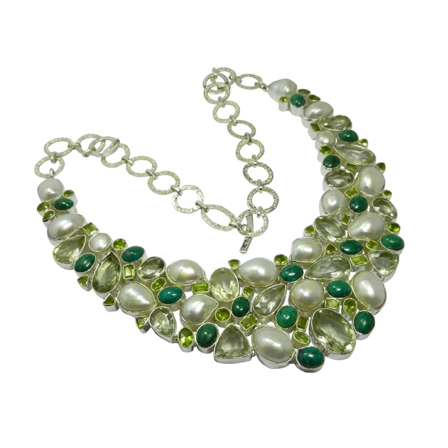 Wholesale factory charm designs for women's 925 silver pearl peridot necklace